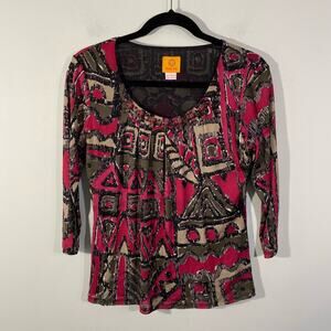 Ruby Rd Women's Red Graphics Quarter Sleeve Neckline Accent Blouse Size S